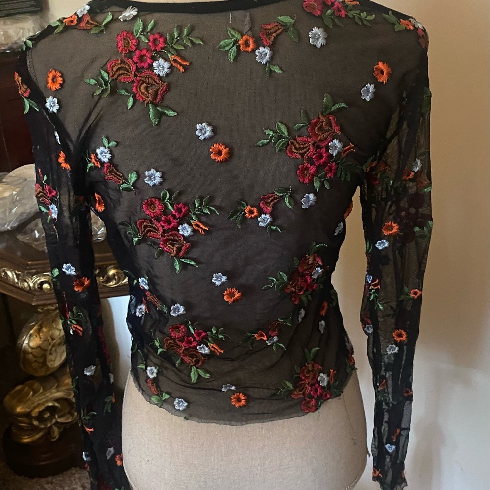 Urban Outfitters (UO) Red Floral Embroidered Sheer Long Sleeve Tee Size S - M - Picture 2 of 7